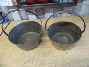 2 ANTIQUE BRASS LARGE JAM PRESERVE PANS WITH IRON HANDLES. - Picture 1 of 12