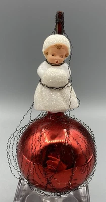 Antigua bola de vidrio roja de Alemania Occidental adorno de ángel de azúcar oropel de alambre Foto 1 de 4