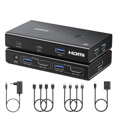 HDMI 2.0 KVM Switch für 2 PCs mit 4 USB-Anschlüssen, Desktop Steuerung, Schwarz - Bild 1 von 4