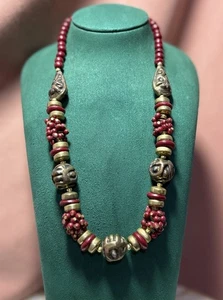 Wooden Beads Ethnic Tribal Style Statement Necklace Carved Beads & Red Wood Acc - Picture 1 of 4