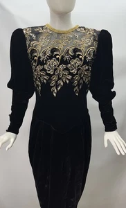 Vtg Jessica McClintock Black Velvet Gold Sequin Puffy Mutton Sleeve Sz 12 - Picture 1 of 16
