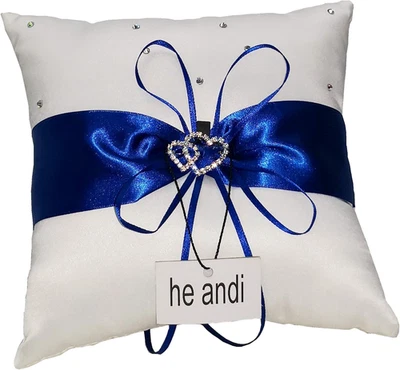 He Andi 7.8" Satén Doble Corazones Decoración Anillo de Boda Portador Almohada (Azul) Foto 1 de 4