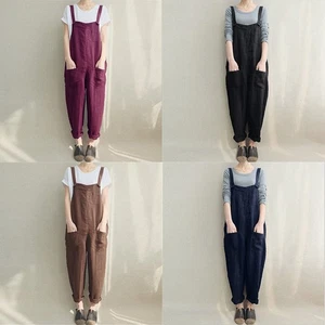 Jumpsuits overalls Dungaree cotton Linen Pants Playsuits Trouser Women Plus Size - Picture 1 of 13