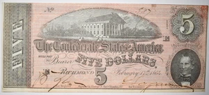 1864 $5 CSA CONFEDERATE STATES OF AMERICA T-69! BRIGHT PINK & BLUE! CHOICE UNC! - Picture 1 of 2