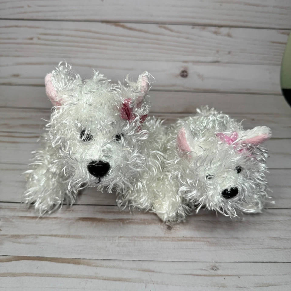 Lot of 2 Ganz White Terrier Dogs Puppy Plush Stuffed Animals with Pink Bow - Image 1 of 4