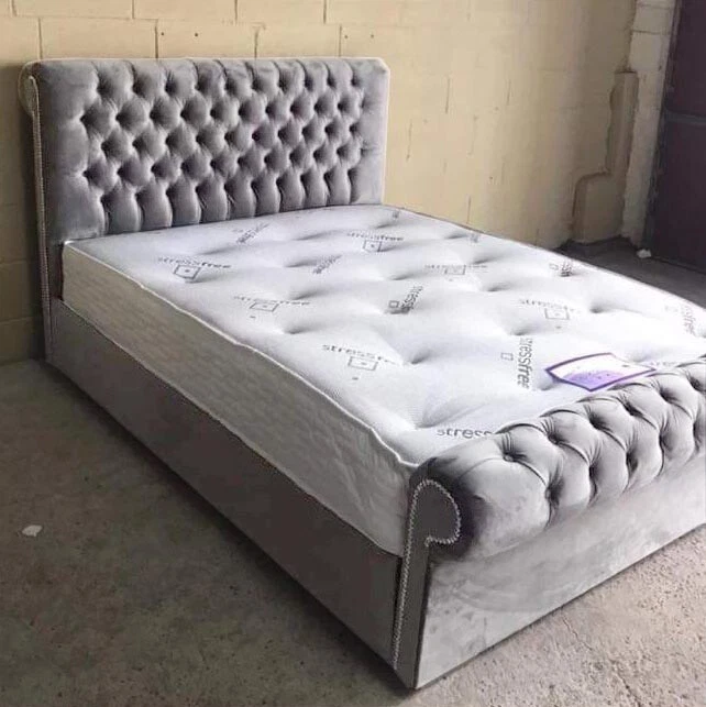 Sleigh Scroll Frame Upholstered Gas Lift Storage Bed in Plush Velvet - Image 1 of 1