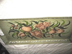 VINTAGE HAND PAINTED SERVING TRAY GREEN GRAPES & FRUITS HANDLE 22.5"X 12"X1.25" - Picture 1 of 7