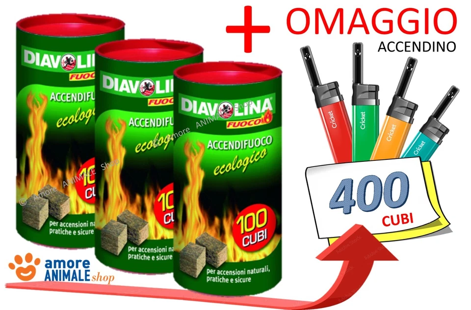 DIAVOLINA ACCENDIFUOCO → 100 / 600 Cubi Accendi Fuoco Ecologici Stufe Camini Bbq