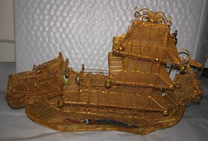 Vintage 1970s Chinese Gold Tone Dragon Ship 10 x 7" Crafts Plated Silk Boat - Picture 1 of 11