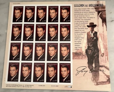2008 USPS Legends of Hollywood GARY COOPER Mint /NH 20/44¢ Stamps - Image 1 of 4