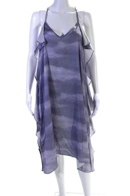 Vestido midi sin mangas gris Halston para mujer con cuello en V y tirantes de espagueti con volantes talla M Foto 1 de 4