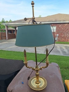 Brass Two Arm Bouillotte Table Lamp Hunter Green Shade - Picture 1 of 4