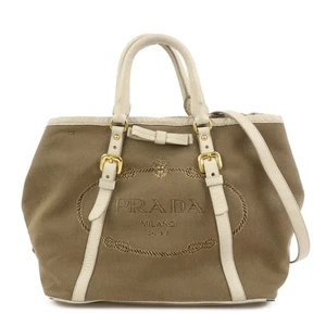 PRADA Logo Jacguard Leather 2Way Tote Bag Brown Ivory BN1841 Authentic Used F/S - Picture 1 of 24