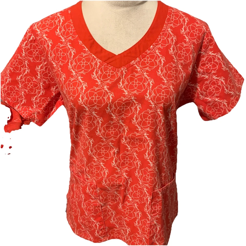 Y2K Apple Bottoms 红色花卉标志磨砂上衣 V 领 M 中号棉混纺 — 第 1/4 张图片