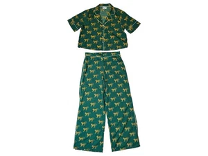 Bouffants & Broken Hearts grün Satin Gepard Pyjama Set Weihnachten weites Bein Gr. L - Bild 1 von 8