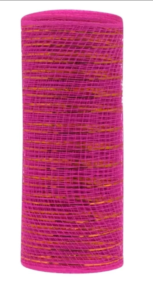 Decorative Mesh 6 in x  5 yd Hot Pink w/Gold Streamers by Greenbrier  - Image 1 of 1