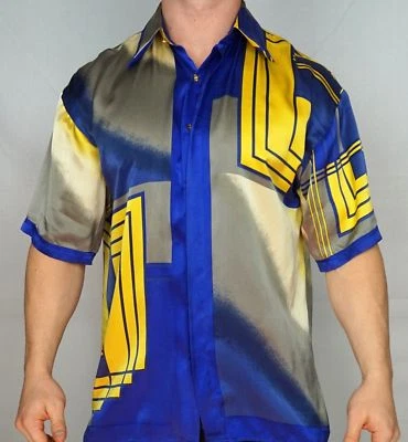 CAMISA DE SEDA VINTAGE PARA HOMBRE CETA ITALIANA MANGA CORTA COLOR GEOMÉTRICO MEDIANO Foto 1 de 4