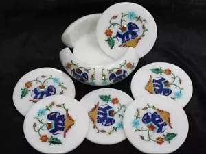 Set Sottobicchieri Rotondi Marmo Bianco Lapislazzuli Elefante Intarsio Arti Fatto a Mano Decorazioni Cucina - Foto 1 di 6