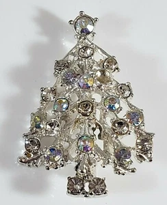 Christmas Tree Holiday  Brooch Pin Silver Tone AB Rhinestones ICY Bling  - Picture 1 of 2