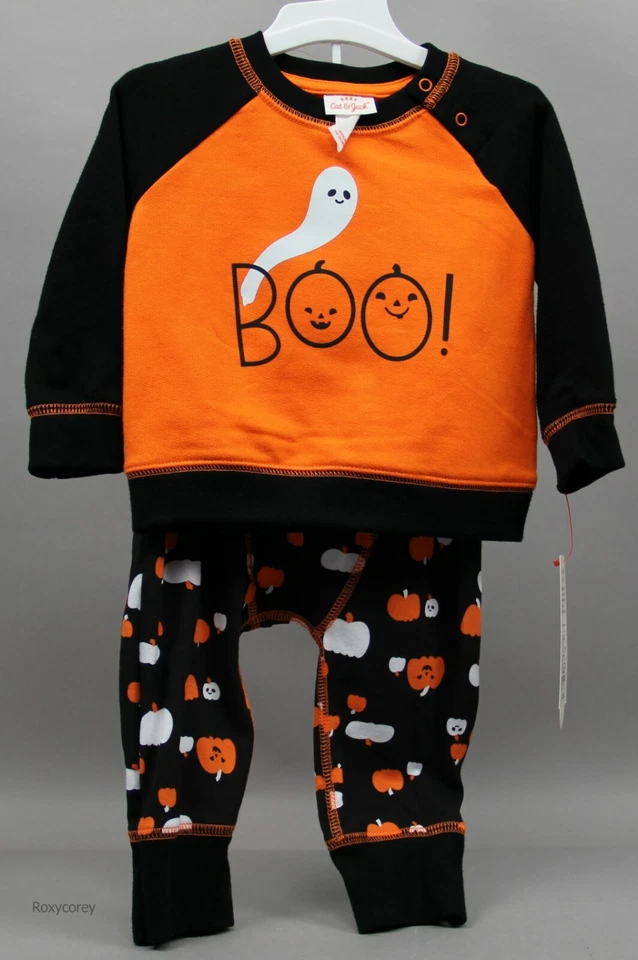 万圣节婴儿猫和杰克 Boo 黑色和橙色衬衫裤子套装 尺寸 6-9 个月 — 第 1/1 张图片