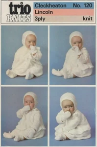 Knitting pattern 120 Babies layette dress jacket bootees mittens bonnet 3ply - Picture 1 of 1