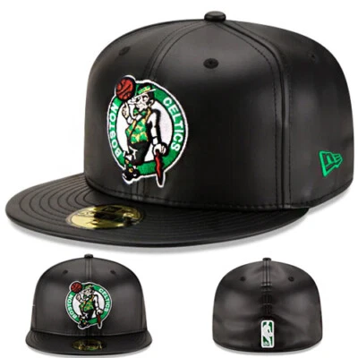 New Era Boston Celtics Fitted Hat NBA Official Team Black Faux Leather Cap - Image 1 of 4