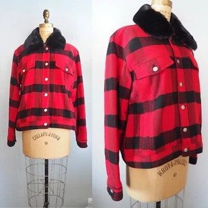 GAP Red Buffalo Plaid Jacket Coat Faux Fur Collar VOLUP Retro - Picture 1 of 9
