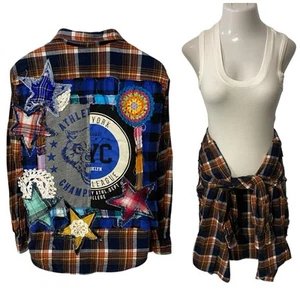 Upcycled Flannel Shirt Shacket Womens Large Athletic Grunge Patchwork Folk Art - Picture 1 of 17