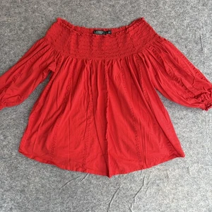 Lauren Ralph Lauren Shirt Womens 2X Red Off Shoulder Smocked Peasant 3/4 Sleeve - Picture 1 of 6