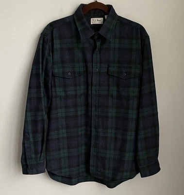 Vintage LL Bean Green Blue Plaid Wool Nylon Blend Button Up Mens Shirt Large - Image 1 of 4
