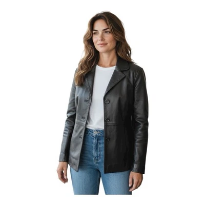 Croft & Barrow Leather Notch Lapel Button-Front Blazer Jacket Black Women's S - Image 1 of 4
