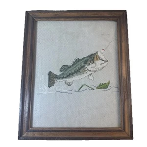 BASS FISH Needlework Cross Stitch Embroidery Framed / VINTAGE - Picture 1 of 6
