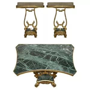 PAIR OF ANTIQUE FRENCH CIRCA 1880 SOLID BRASS & GREEN MARBLE SIDE END TABLES - Picture 1 of 12