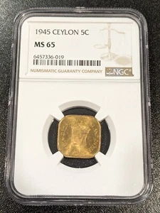 1945 MS65 Ceylon 5 Cent NGC UN KM 113.2 Sri Lanka One Graded Higher - Picture 1 of 2