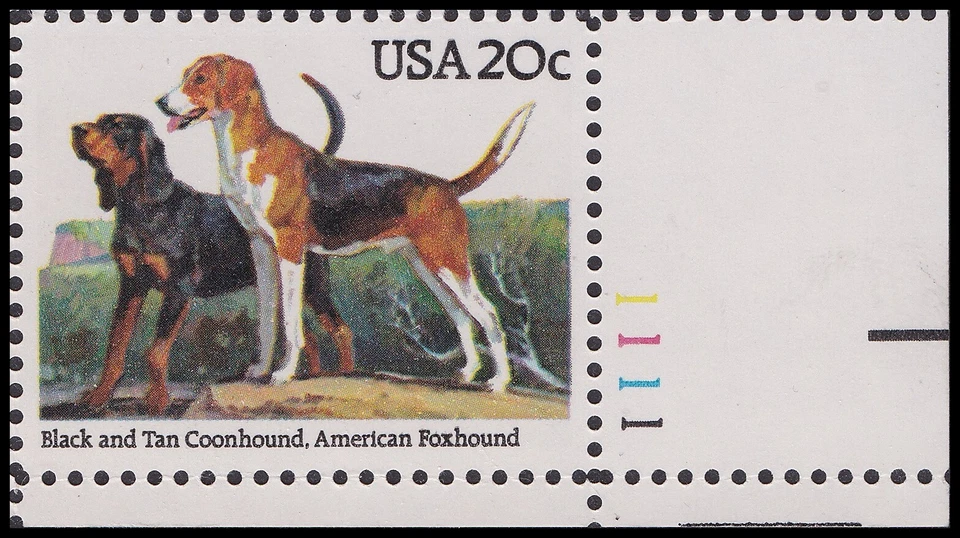 US 2101 Dogs Black & Tan Coonhound 20c plate single LR #1111 MNH 1984 - Image 1 of 1