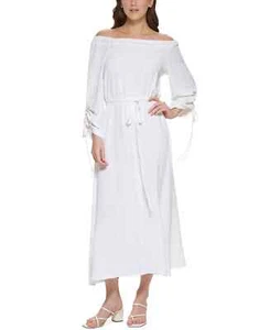 CALVIN KLEIN Dress Size 8 Ivory Off The Shoulder Blouson Maxi Belted NWOT - Picture 1 of 5
