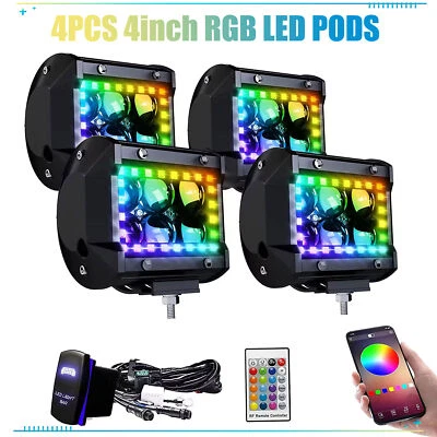 4 inch LED Pods Work Lamp Multi-Color Chasing RGB Halo Strobe Offroad Spot 4PC - Imagem 1 de 4