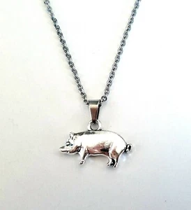 Collana con ciondolo piccolo maialino carino argento antico nuova catena 18-20" - Foto 1 di 7
