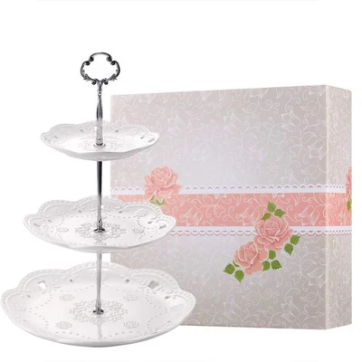 Bandeja de servir suporte para cupcake de porcelana BonNoces 3 camadas - Branco em relevo elegante... - Imagem 1 de 4