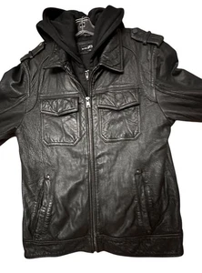Black Rivet Leather Jacket GIII Mens SMALL Bomber Removable Hood MSRP $600 - Picture 1 of 18