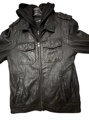 Black Rivet Leather Jacket GIII Mens SMALL Bomber Removable Hood MSRP $600 - Image 1 of 4