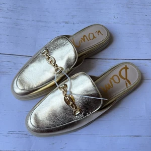 Sam Edelman Kira Gold Pantoletten Bit Flats Gr. 7,5 Damen Gold Leder Slipper NEU - Bild 1 von 10