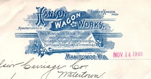 Manitowoc WI Hanson Wagon Works antiker Briefkopf - Bild 1 von 3