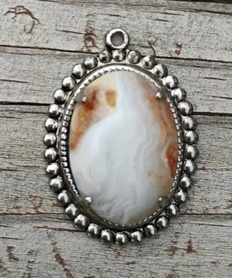 Vintage Crazy Laced Agate Pendant Necklace Silver Plated Natural Orange & White - Image 1 of 4