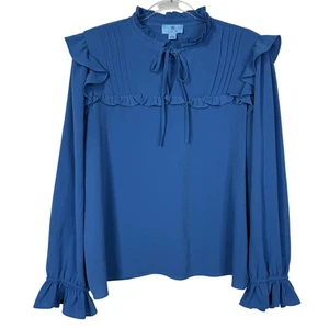 Blusa CeCe Mujer XL Azul Volantes Cuello Atado Manga Larga Plisado Yugo Top Cerradura - Imagen 1 de 8