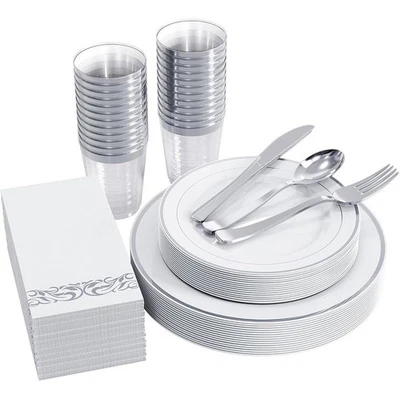 Silver Rimmed Disposable Dinnerware Set 25 Plates Cups Forks Spoons Party New - Image 1 of 4