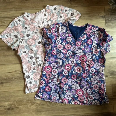 Set Of 2 Lot Prints By Maevn Women’s Scrub Tops Floral Prints Size Large - Image 1 of 4