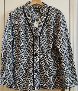 Bob Mackie WEARABLE ART black white geometric print button fleece jacket 3X NEW - Picture 1 of 6
