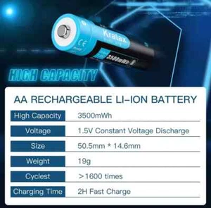 4 x 3500mWh Kratax 1.5V AA Rechargeable Lithium Ion Batteries - Picture 1 of 9