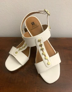 White Mountain Faux Leather Gold Hardware Studded Block Heel Sandals Size 6M - Picture 1 of 8